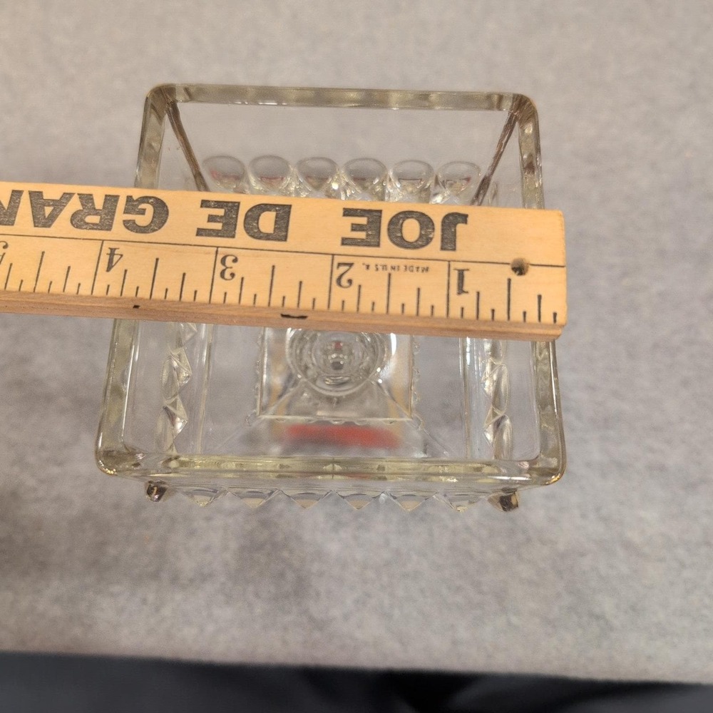 Vintage Clear Pressed Glass Square Pedestal Dish Gold Trim Thumbprint Pattern - Picture 7 of 9